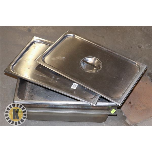 THREE FULL SIZE STAINLESS INSERTS (TWO WITH LIDS)