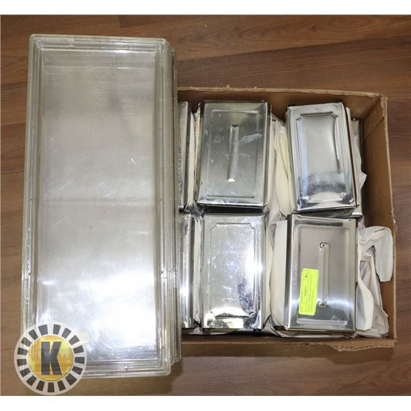 BOX OF NAPKINS AND STAINLESS  NAPKINS STORAGE