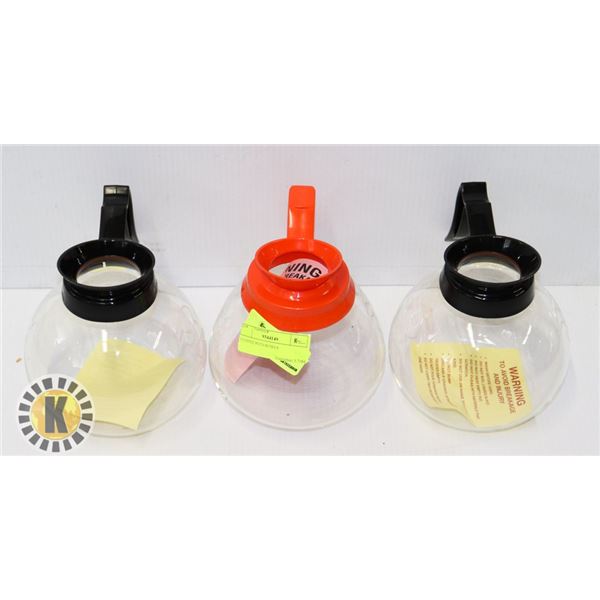 2 REGULAR CUP GLASS COFFEE POTS AND 1 DECAFE