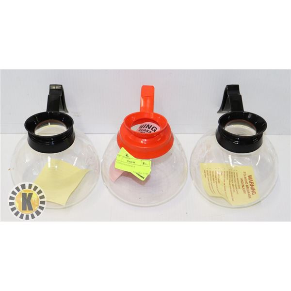2 REGULAR CUP GLASS COFFEE POTS AND 1 DECAFE