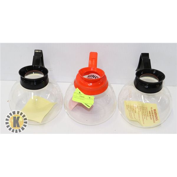 2 REGULAR CUP GLASS COFFEE POTS AND 1 DECAFE