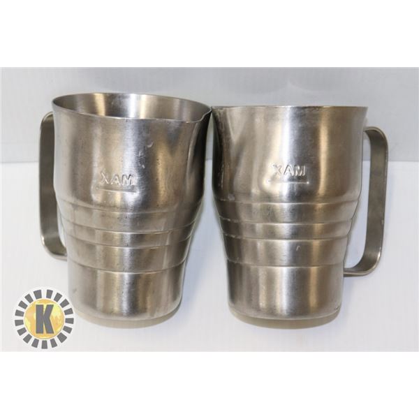 TWO STAINLESS STEEL CREAM FROTHING MUGS