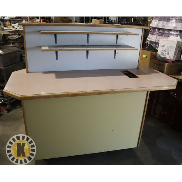LARGE CONDIMENT TABLE WITH BUILT IN GARBAGE CAN, ON CASTORS