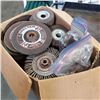 Image 1 : 2 NEW 5" FLAP WHEELS, WITH 37 7" GRINDING DISCS, 9-5.5" FLAP WHEELS, 1-7"WIRE WHEEL AND 1 CHOP SAW D