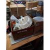Image 1 : 2 BOXES OF VINTAGE LIGHT SHADES, INDUSTRIAL LIGHTS AND MORE