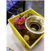 Image 2 : YELLOW CRATE WITH 3 OIL LANTERNS, BRASS SPITOON, SHELL TIN, BRASS CANNISTER AND PYREX BOWL