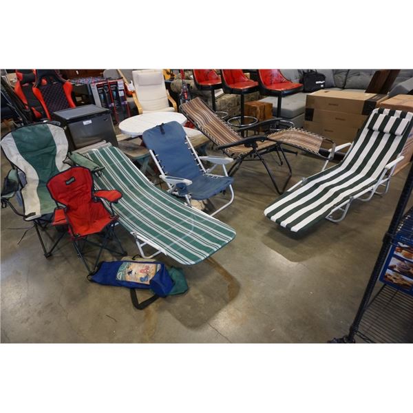 6 FOLDING LAWN CHAIRS - GRAVITY LOUNGER, 2 CAMP CHAIRS AND 3 PATIO CHAIRS