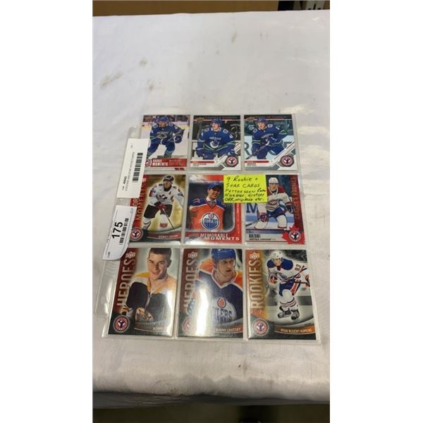 9 ROOKIE AND STAR HOCKEYCARDS HUGHES, PETTERSSON, GRETZKY, ORR, ETC