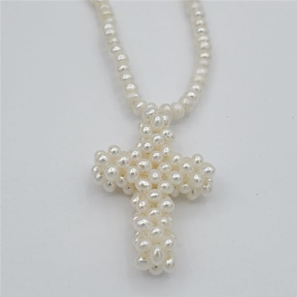 NEW BRASS GENUINE FRESHWATER PEARL CROSS NECKLACE W/ APPRAISAL $995