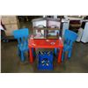 Image 1 : PLASTIC KIDS TABLE, 2 CHAIRS, WOOD STEPS AND DOLL HOUSE