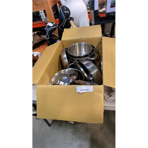 BOX OF POTS, LIDS, STEAMER INSERT