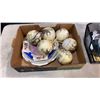 Image 2 : METAL BASKET OF COLLECTABLES, FIGURES, GLASS INSULATOR, CHINA PLATES AND DESSERT PLATTER AND HAND PA