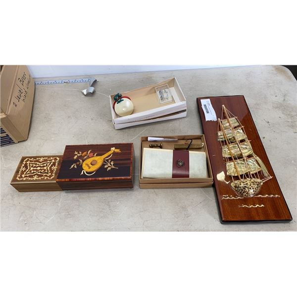 MOTHER OF PEARL WALL PLAQUE WITH CORRESPONDANCE SET AND JEWELRY BOXES