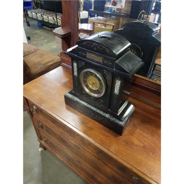 HEAVY BLACK STONE MANTLE CLOCK WITH KEY