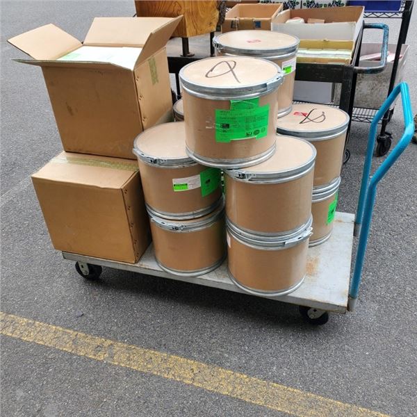 4 WHEEL HAND CART WITH 10 CARDBOARD LOCK TOP BARRELS AND 3 BOXES OF LIDDED BOXES