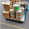Image 1 : 4 WHEEL HAND CART WITH 10 CARDBOARD LOCK TOP BARRELS AND 3 BOXES OF LIDDED BOXES