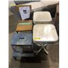 Image 1 : Group of 4 assorted set decor pieces - blue stool/ small chair & matching white night stands from th