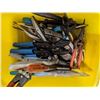 Image 2 : Small plastic bin filled w/ assorted clippers/ pruners/ cutters/ channel lock/ vice grips