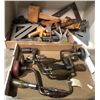 Image 1 : Two boxes of assorted vintage wood working tools - hand drills/ rulers/ mallet/ squares & levels