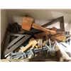 Image 3 : Two boxes of assorted vintage wood working tools - hand drills/ rulers/ mallet/ squares & levels