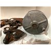 Image 2 : Shelf lot of vintage metal pulleys & tie-down strap