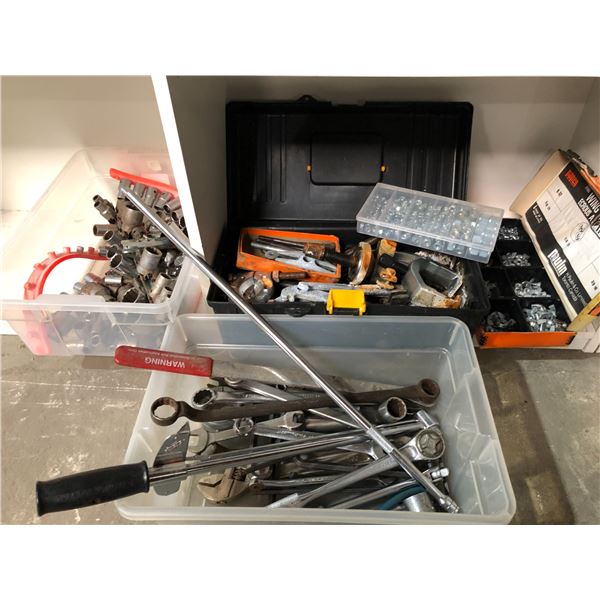 Group of 4 boxes of assorted tools - sockets/ combination wrenches/ nuts etc.