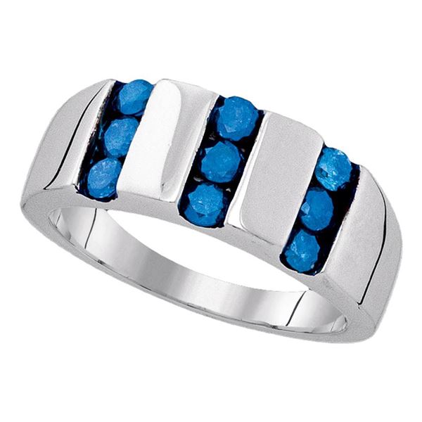 Sterling Silver Mens Blue Color Enhanced Channel-set Diamond Triple Row Band 1 Cttw Sterling Silver