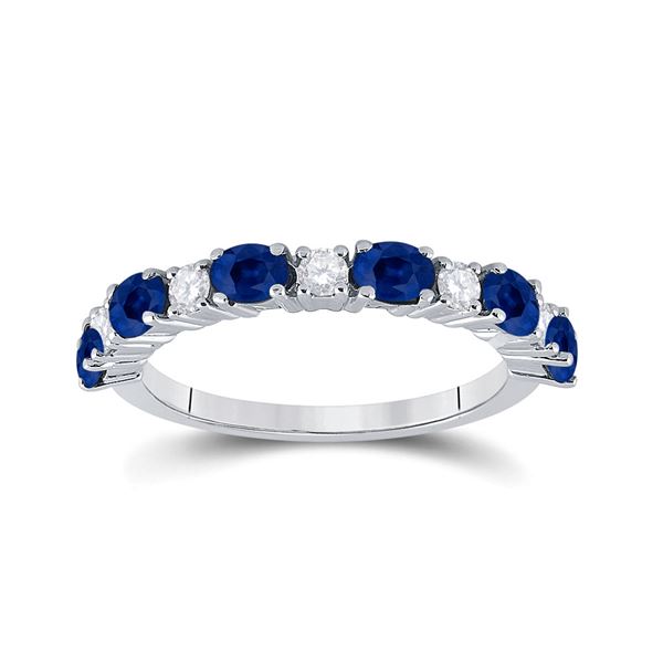 Oval Blue Sapphire Diamond Alternating Band Ring 1-1/2 Cttw 10kt White Gold