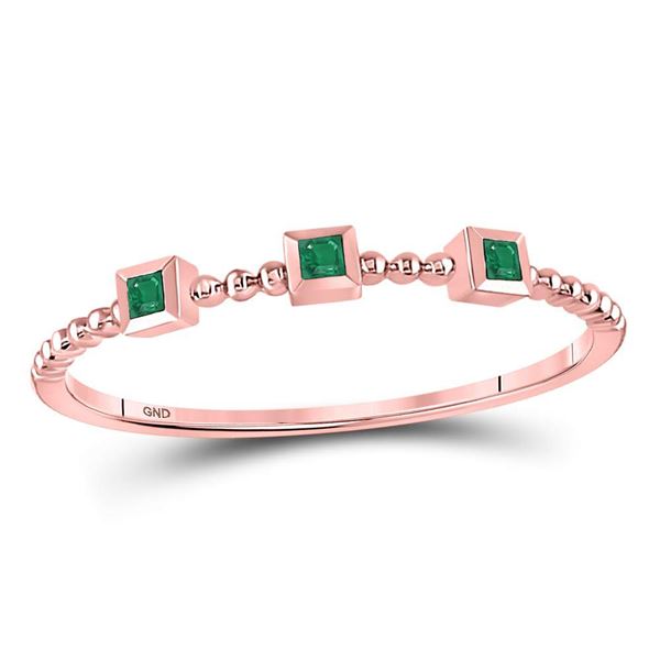 Princess Emerald Beaded 3-stone Stackable Band Ring .03 Cttw 10kt Rose Gold