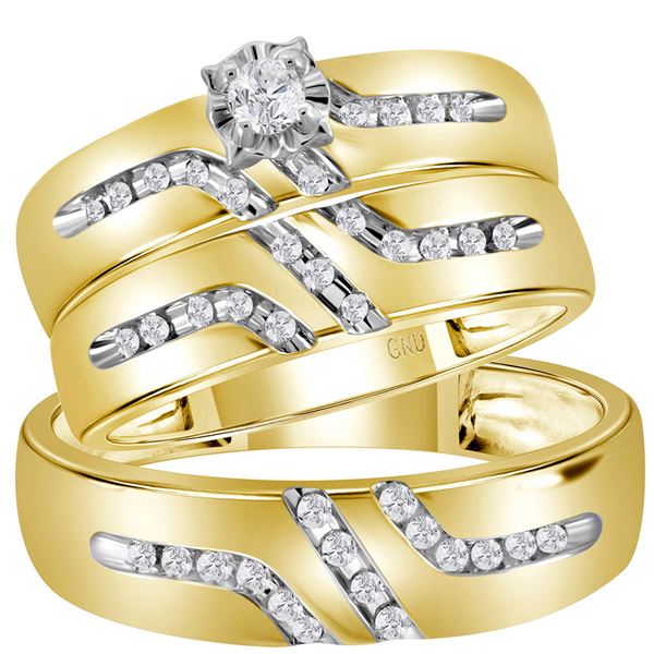 His Hers Diamond Solitaire Matching Wedding Set 1/4 Cttw 14kt Yellow Gold