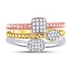 Image 3 : Diamond Trio Stackable Band Ring Set 1/5 Cttw 10kt Tri-Tone Gold