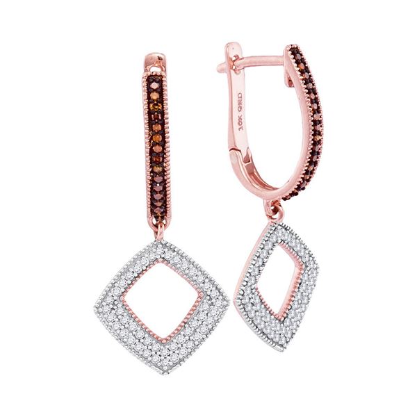 Red Color Enhanced Diamond Square Dangle Hoop Earrings 3/8 Cttw 10kt Rose Gold