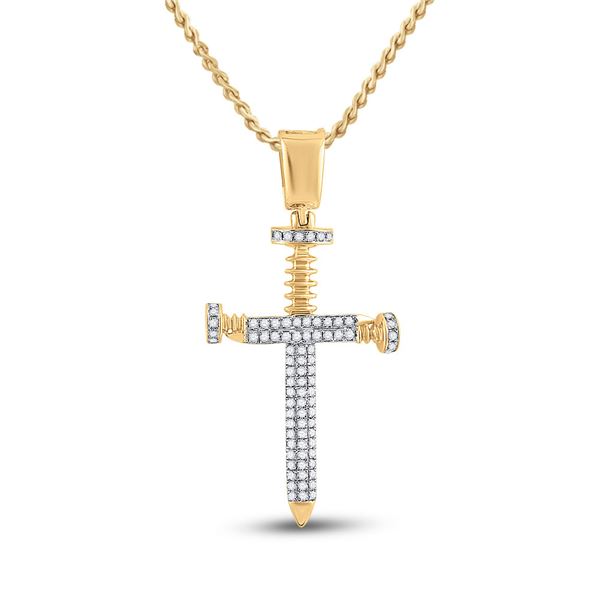 Mens Diamond Nail Cross Charm Pendant 3/8 Cttw 10kt Yellow Gold