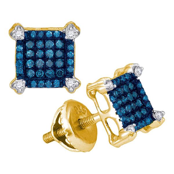 Blue Color Enhanced Diamond Square Cluster Earrings 1/4 Cttw 10kt Yellow Gold