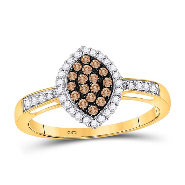 Brown Diamond Oval Frame Cluster Ring 1/3 Cttw 10kt Yellow Gold