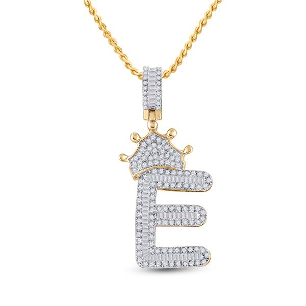 Mens Baguette Diamond Crown E Letter Charm Pendant 3/4 Cttw 10kt Yellow Gold