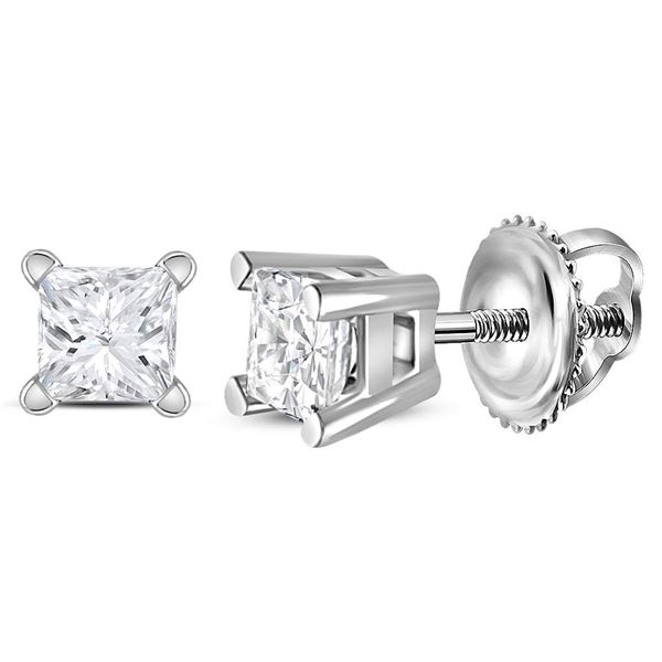 Unisex Princess Diamond Solitaire Stud Earrings 1/4 Cttw 14kt White Gold