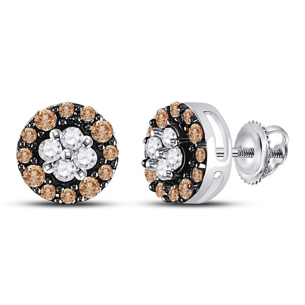 Brown Diamond Cluster Stud Earrings 1/3 Cttw 10kt White Gold