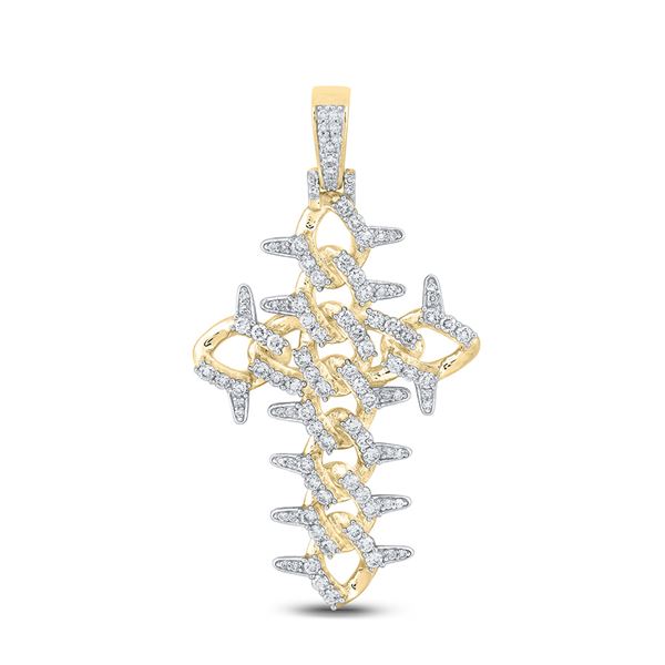 Mens Diamond Cuban Link Cross Charm Pendant 1-1/2 Cttw 10kt Yellow Gold