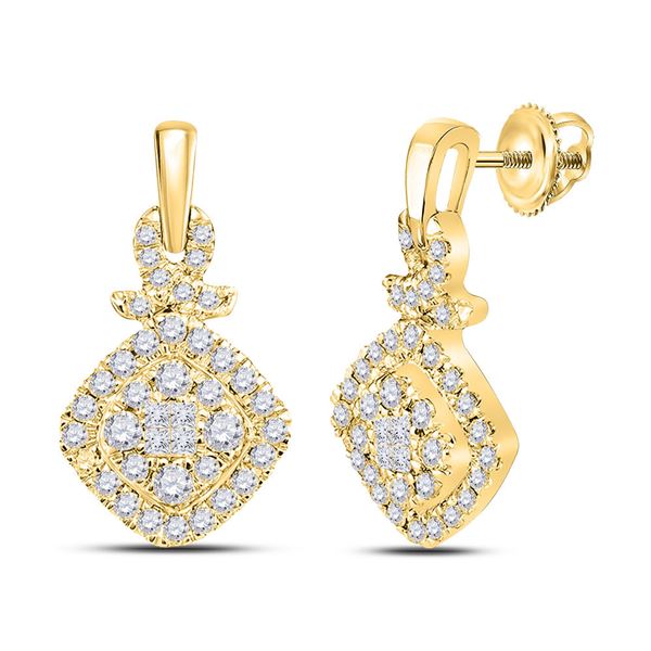 Princess Diamond Cushion Cluster Dangle Earrings 1/2 Cttw 14kt Yellow Gold