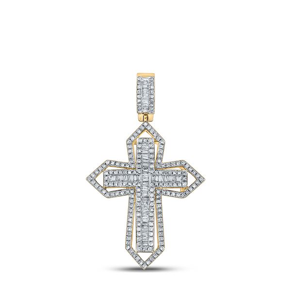 Mens Baguette Diamond Cross Charm Pendant 7/8 Cttw 14kt Yellow Gold