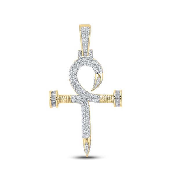 Mens Baguette Diamond Nail Cross Ankh Charm Pendant 3/4 Cttw 10kt Yellow Gold