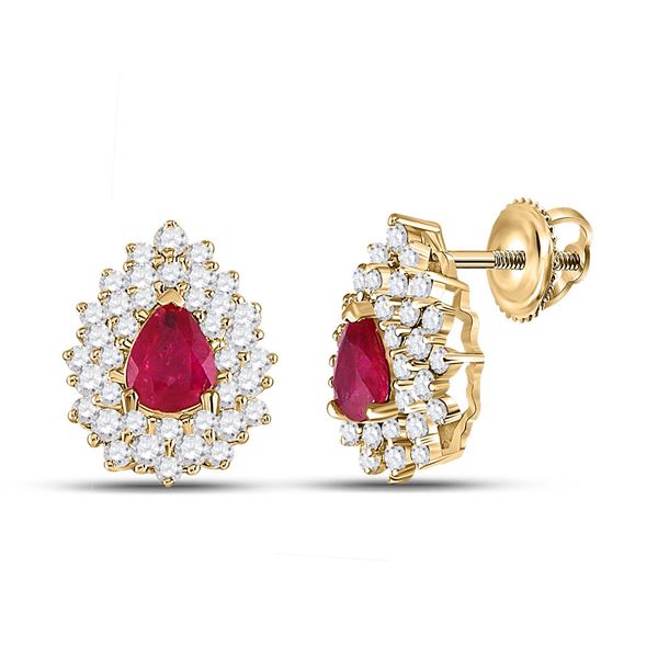 Pear Ruby Diamond Cluster Earrings 1-1/2 Cttw 14kt Yellow Gold