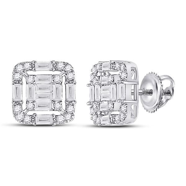 Baguette Diamond Cluster Fashion Earrings 5/8 Cttw 14kt White Gold