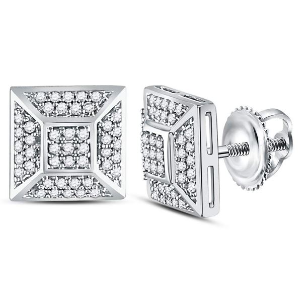 Mens Diamond Square Cluster Stud Earrings 1/5 Cttw 10kt White Gold