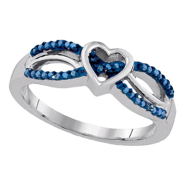 Blue Color Enhanced Diamond Double Row Heart Ring 1/10 Cttw Sterling Silver