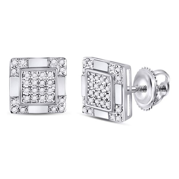 Mens Diamond Square Cluster Stud Earrings 1/6 Cttw 10kt White Gold