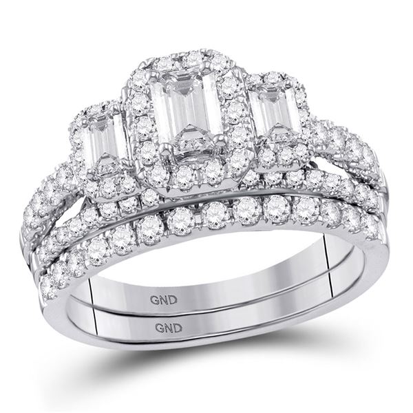 Emerald Diamond 3-Stone Bridal Wedding Ring Band Set 1-1/2 Cttw 14kt White Gold