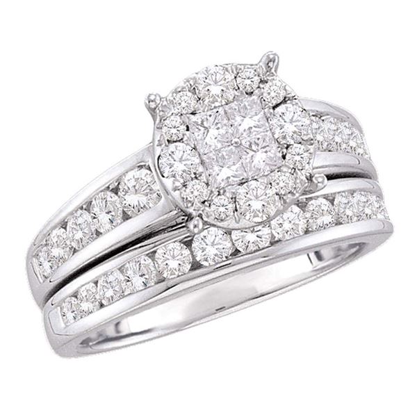 Diamond Cluster Bridal Wedding Ring Band Set 1-3/8 Cttw 14kt White Gold