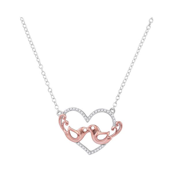 Diamond Heart Rose-tone Lovebirds Pendant Necklace 1/10 Cttw 10kt White Gold